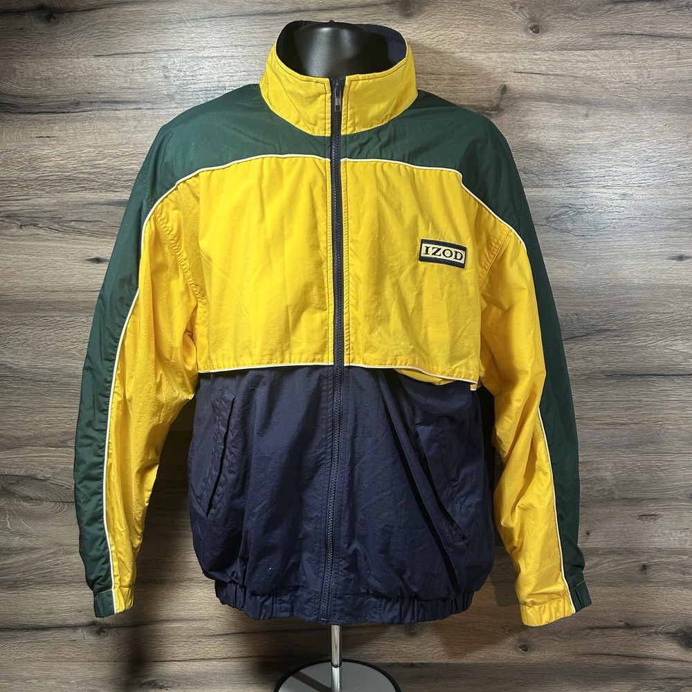 Vintage Izod Jacket Mens Large Yellow Blue Colorblock Windbreaker Coat 90s Golf
